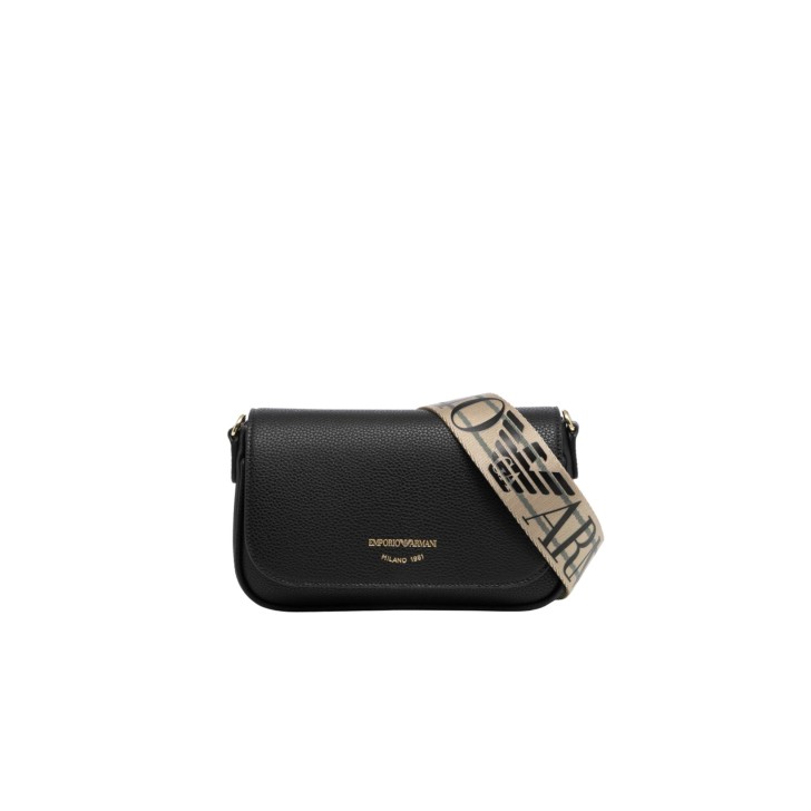 EMPORIO ARMANI MINI BAG BLACK CON TRACOLLA IN NASTRO CON LOGO LETTERING ALL OVER REGOLABILE ESTRAIBILE	