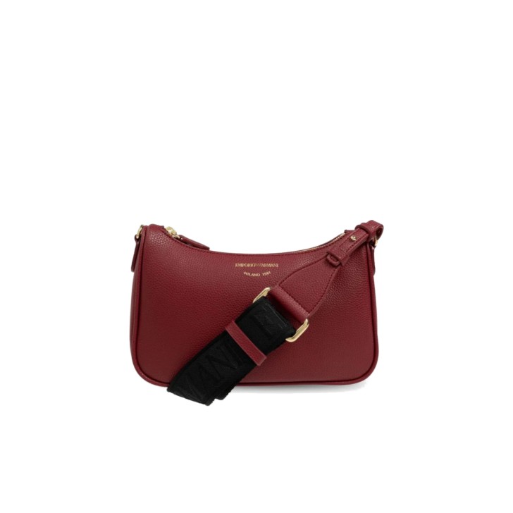 EMPORIO ARMANI MINI BAG BAGUETTE BORDEAUX CON TRACOLLA IN NASTRO BLACK CON LOGO LETTERING ALL OVER REGOLABILE ESTRAIBILE