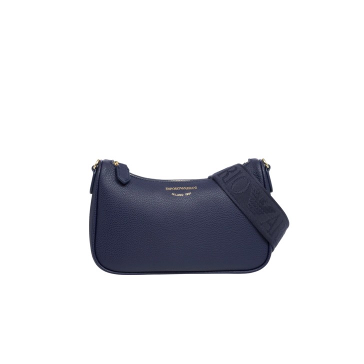 EMPORIO ARMANI MINI BAG BAGUETTE BLUE CON TRACOLLA IN NASTRO BLUE CON LOGO LETTERING ALL OVER REGOLABILE ESTRAIBILE