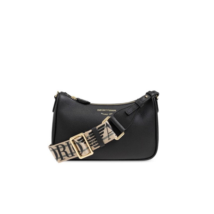 EMPORIO ARMANI MINI BAG BAGUETTE BLACK CON TRACOLLA IN NASTRO CON LOGO LETTERING ALL OVER REGOLABILE ESTRAIBILE	