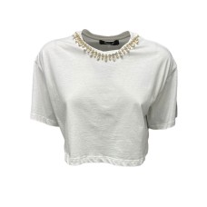 Giulia N Couture T-Shirt corta in cotone bianca Oversize a manica corta con dettaglio gioiello estraibile
