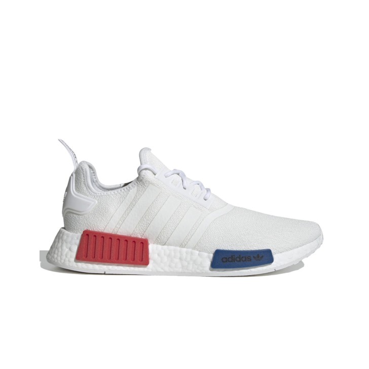 Adidas Originals NMD_R1 Sneakers bianca in tessuto con inserti rossi e blu 