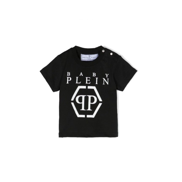 Philipp Plein T-shirt a manica corta nera in cotone con maxi logo bianco stampato