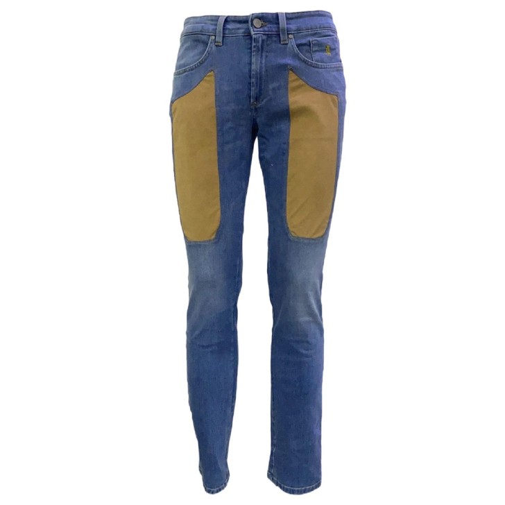 Jeckerson Jeans denim blu cinque tasche con toppe in Alcantara Marrone