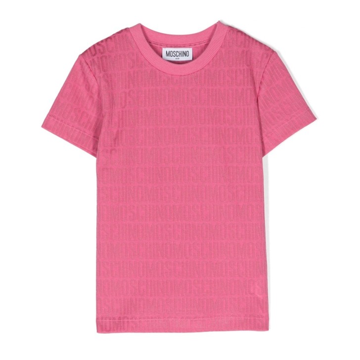 MOSCHINO T-SHIRT FUCSIA A MANICA CORTA CON LOGO LETTERING ALL OVER	