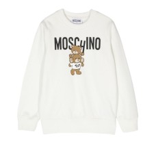 MOSCHINO FELPA A GIROCOLLO UNISEX IN COTONE WHITE CON LOGO LETTERING BLACK E TEDDY BEAR