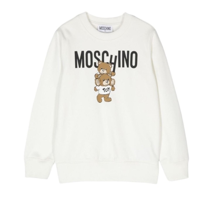 MOSCHINO FELPA A GIROCOLLO UNISEX IN COTONE WHITE CON LOGO LETTERING BLACK E TEDDY BEAR