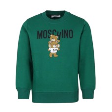 MOSCHINO FELPA A GIROCOLLO UNISEX IN COTONE GREEN CON LOGO LETTERING BLACK E TEDDY BEAR