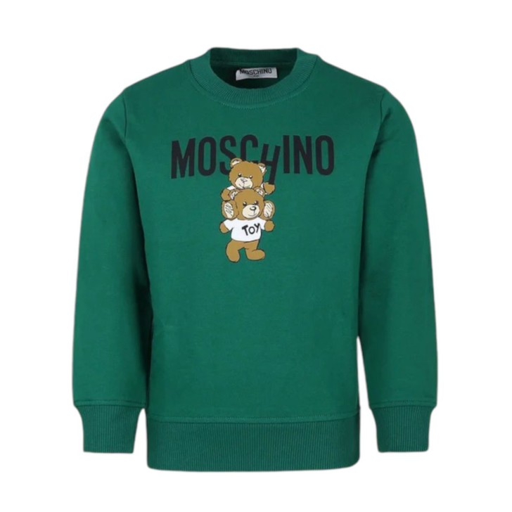 MOSCHINO FELPA A GIROCOLLO UNISEX IN COTONE GREEN CON LOGO LETTERING BLACK E TEDDY BEAR