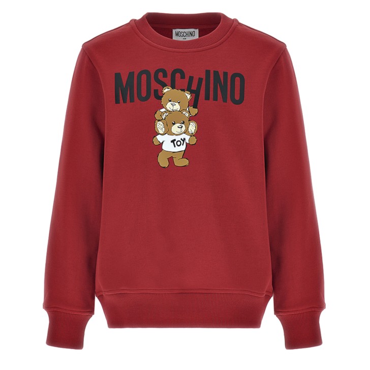 MOSCHINO FELPA A GIROCOLLO UNISEX IN COTONE RED CON LOGO LETTERING BLACK E TEDDY BEAR