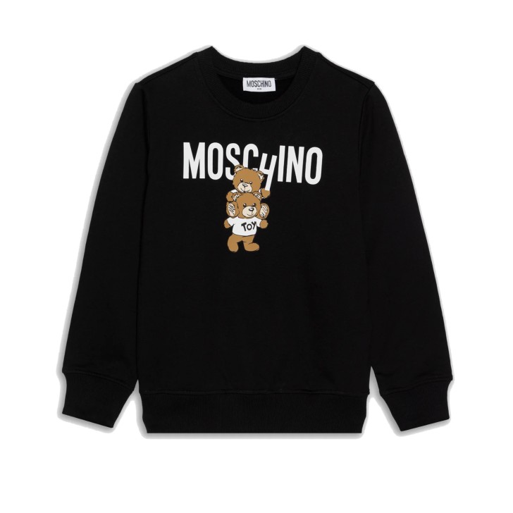 MOSCHINO FELPA A GIROCOLLO UNISEX IN COTONE BLACK CON LOGO LETTERING WHITE E TEDDY BEAR