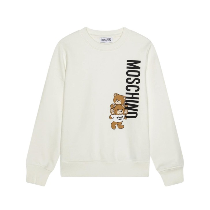 MOSCHINO FELPA UNISEX IN COTONE A GIROCOLLO WHITE CON LOGO LETTERING BLACK E TEDDY BEAR	