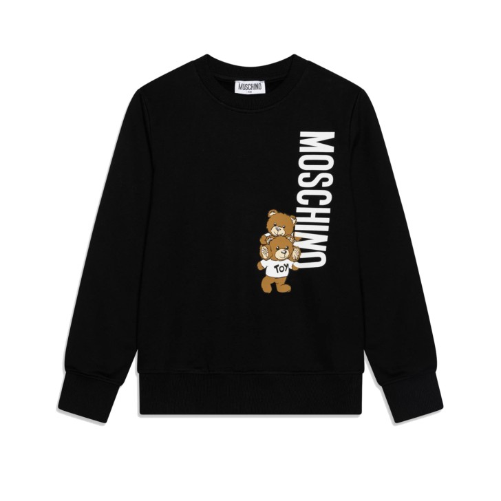 MOSCHINO FELPA UNISEX IN COTONE A GIROCOLLO BLACK CON LOGO LETTERING WHITE E TEDDY BEAR