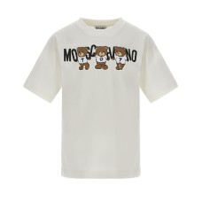 MOSCHINO MAXI T-SHIRT UNISEX IN COTONE A MANICA CORTA WHITE CON LOGO LETTERING BLACK E TEDDY BEAR