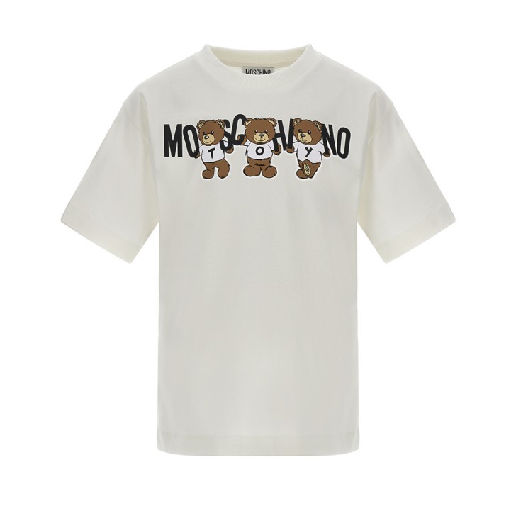 MOSCHINO MAXI T-SHIRT UNISEX IN COTONE A MANICA CORTA WHITE CON LOGO LETTERING BLACK E TEDDY BEAR