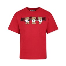 MOSCHINO MAXI T-SHIRT UNISEX IN COTONE A MANICA CORTA RED CON LOGO LETTERING BLACK E TEDDY BEAR	