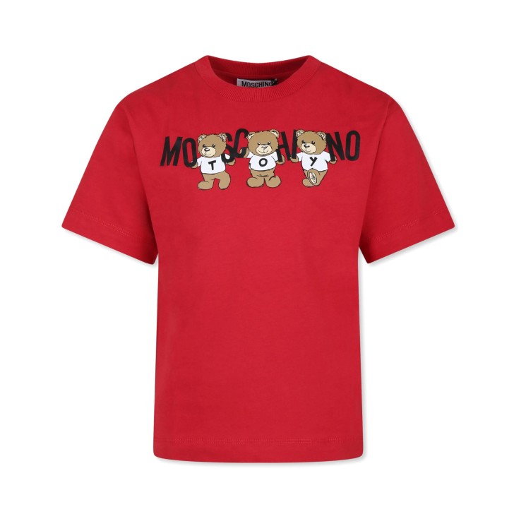 MOSCHINO MAXI T-SHIRT UNISEX IN COTONE A MANICA CORTA RED CON LOGO LETTERING BLACK E TEDDY BEAR	