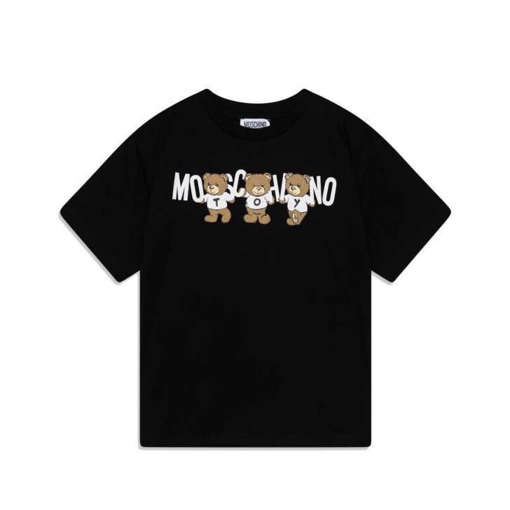 MOSCHINO MAXI T-SHIRT UNISEX IN COTONE A MANICA CORTA BLACK CON LOGO LETTERING WHITE E TEDDY BEAR	