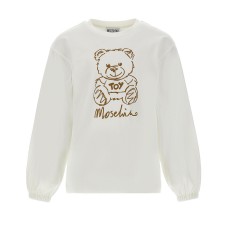 MOSCHINO MAGLIA A MANICA LUNGA IN COTONE WHITE CON MAXI TEDDY BEAR E LOGO LETTERING 