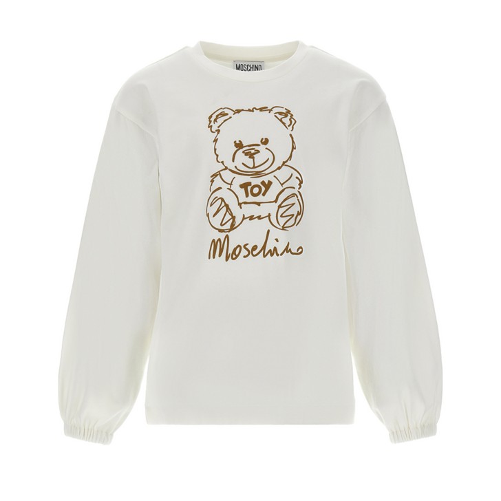 MOSCHINO MAGLIA A MANICA LUNGA IN COTONE WHITE CON MAXI TEDDY BEAR E LOGO LETTERING 