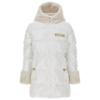 MOSCHINO GIUBBOTTO TRAPUNTATO WHITE CON CAPPUCCIO IN PELLICCIA E LOGO LETTERING RICAMATO GOLD