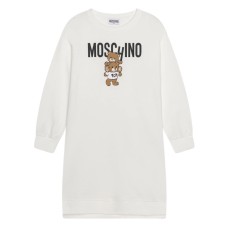 MOSCHINO ABITO A MANICA LUNGA IN COTONE WHITE CON LOGO LETTERING BLACK E TEDDY BEAR