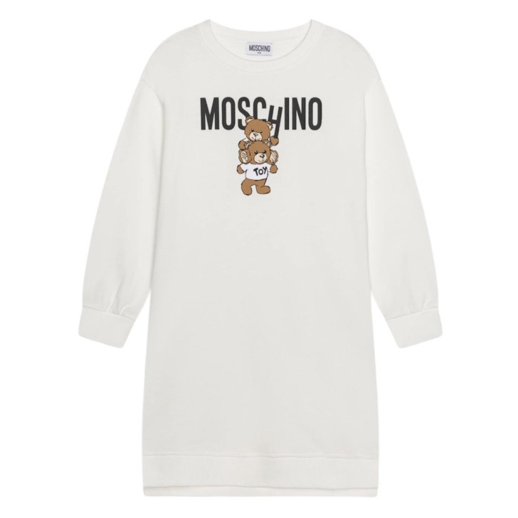 MOSCHINO ABITO A MANICA LUNGA IN COTONE WHITE CON LOGO LETTERING BLACK E TEDDY BEAR