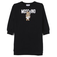 MOSCHINO ABITO A MANICA LUNGA IN COTONE BLACK CON LOGO LETTERING WHITE E TEDDY BEAR