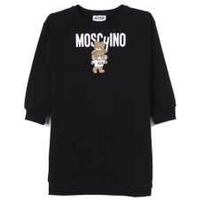 MOSCHINO ABITO A MANICA LUNGA IN COTONE BLACK CON LOGO LETTERING WHITE E TEDDY BEAR