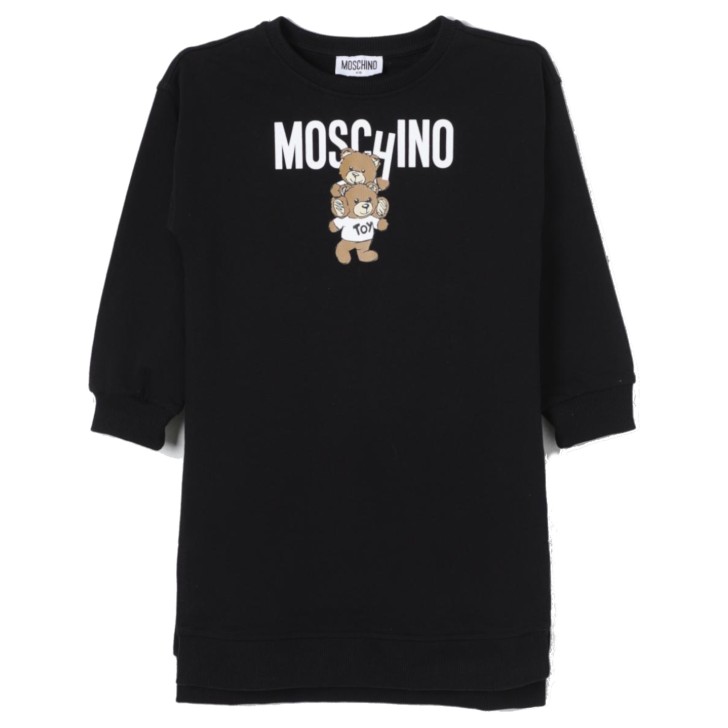 MOSCHINO ABITO A MANICA LUNGA IN COTONE BLACK CON LOGO LETTERING WHITE E TEDDY BEAR