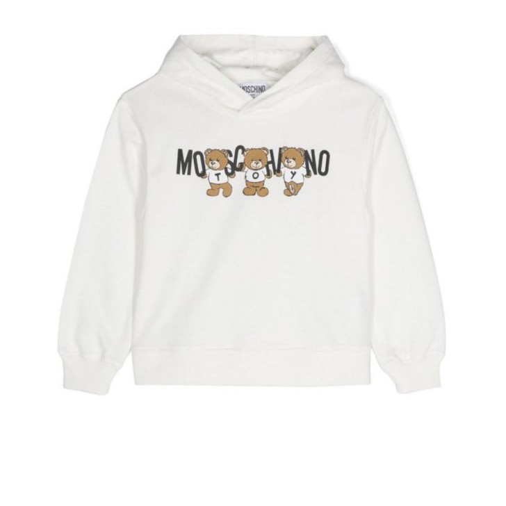 MOSCHINO FELPA UNISEX CON CAPPUCCIO IN COTONE WHITE CON LOGO LETTERING BLACK E TEDDY BEAR