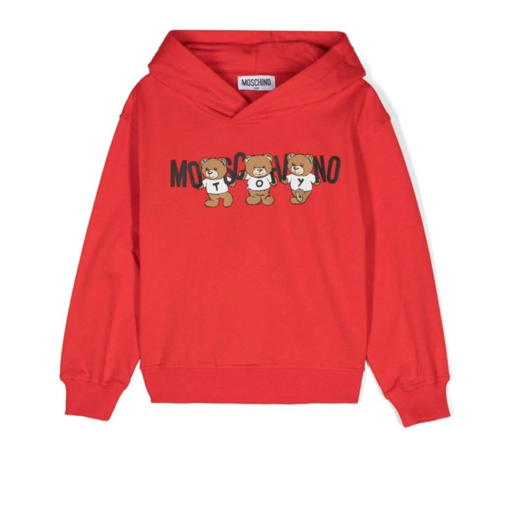 MOSCHINO FELPA UNISEX CON CAPPUCCIO IN COTONE RED CON LOGO LETTERING BLACK E TEDDY BEAR	