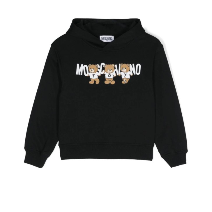 MOSCHINO FELPA UNISEX CON CAPPUCCIO IN COTONE BLACK CON LOGO LETTERING WHITE E TEDDY BEAR	