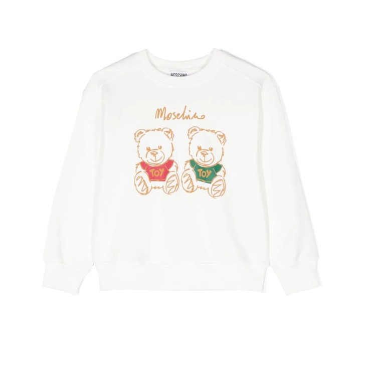 MOSCHINO FELPA UNISEX A GIROCOLLO IN COTONE WHITE CON LOGO LETTERING E TEDDY BEAR