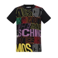 MOSCHINO T-SHIRT UNISEX A MANICA CORTA IN COTONE BLACK CON MAXI LOGO LETTERING MULTICOLOR ALL OVER