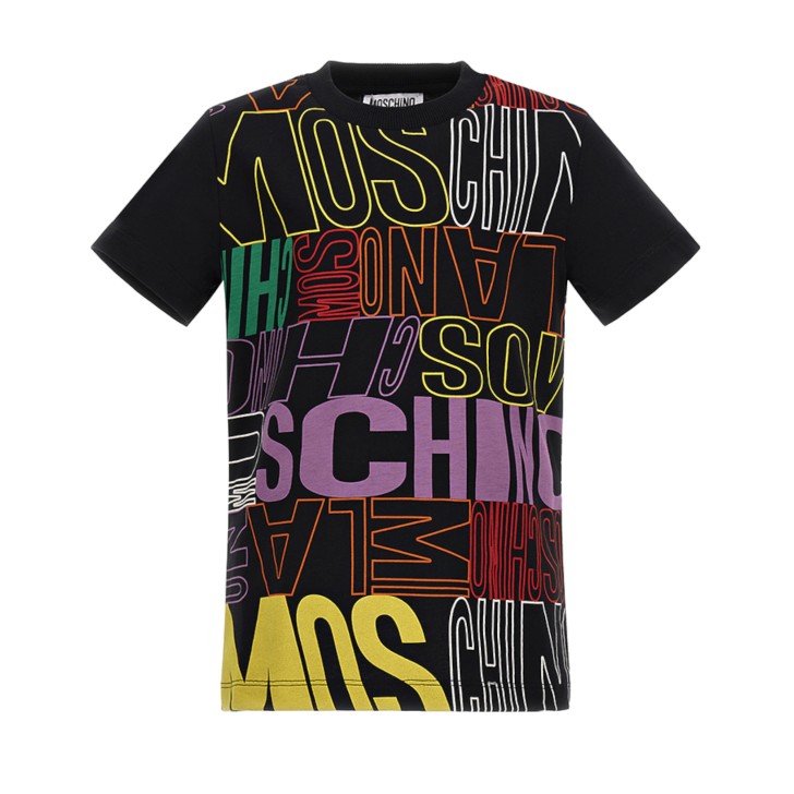 MOSCHINO T-SHIRT UNISEX A MANICA CORTA IN COTONE BLACK CON MAXI LOGO LETTERING MULTICOLOR ALL OVER