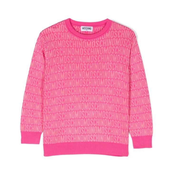 MOSCHINO MAGLIONCINO A GIROCOLLO FUCSIA CON LOGO LETTERING ALL OVER 