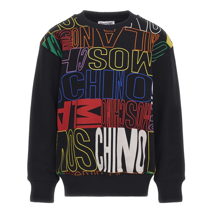 MOSCHINO FELPA A GIROCOLLO IN COTONE UNISEX BLACK CON MAXI LOGO LETTERING MULTICOLOR ALL OVER