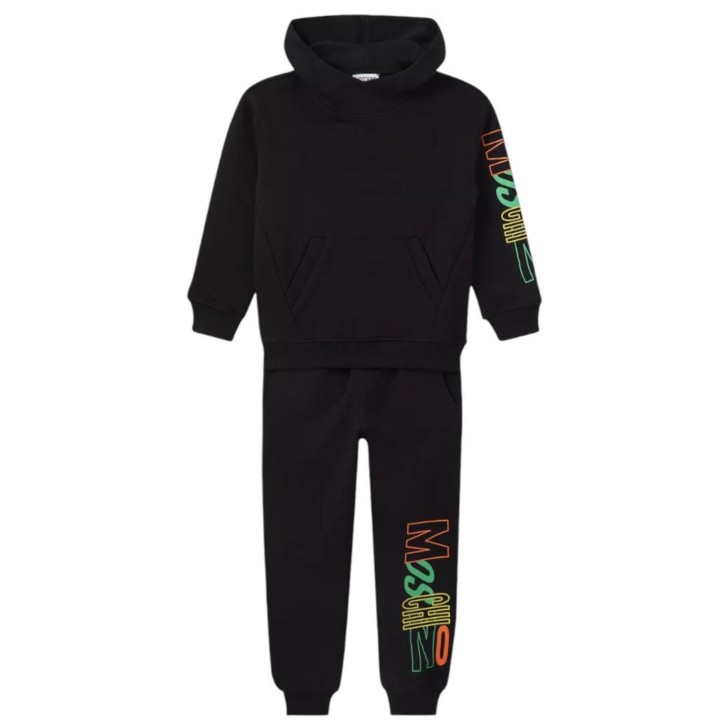 MOSCHINO COMPLETO FELPA CON CAPPUCCIO+PANTALONE IN COTONE BLACK CON LOGO LETTERING MULTICOLOR