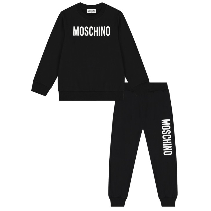 MOSCHINO COMPLETO IN COTONE FELPA A GIROCOLLO+PANTALONE IN COTONE UNISEX BLACK CON LOGO LETTERING WHITE 