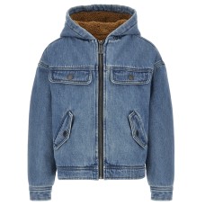 MOSCHINO GIUBBINO UNISEX IN DENIM BLU CON CAPPUCCIO E MAXI LOGO LETTERING