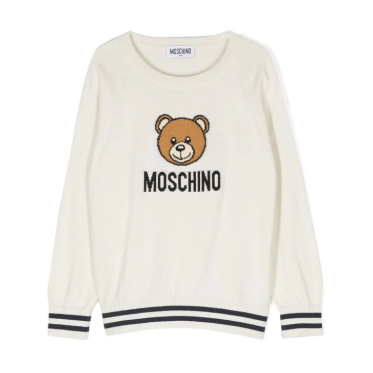 MOSCHINO MAGLIONCINO UNISEX A GIROCOLLO WHITE CON LOGO LETTERING BLACK E TEDDY BEAR