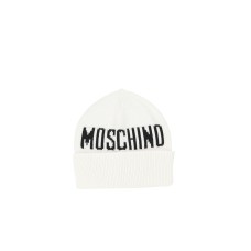 MOSCHINO CAPPELLO UNISEX WHITE IN COTONE E LANA CON LOGO LETTERING JACQUARD BLACK