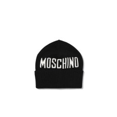 MOSCHINO CAPPELLO UNISEX BLACK IN COTONE E LANA CON LOGO LETTERING JACQUARD WHITE