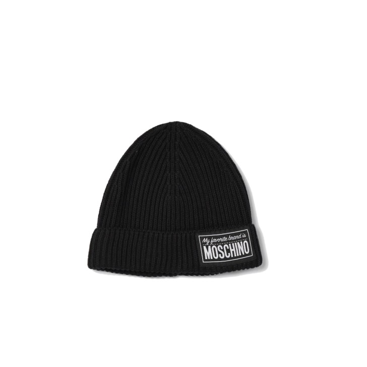 MOSCHINO CAPPELLO UNISEX BLACK IN LANA E COTONE A COSTE CON TARGHETTA IN TESSUTO CON LOGO LETTERING WHITE