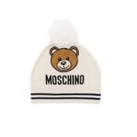 MOSCHINO CAPPELLO UNISEX WHITE CON POM POM E LOGO LETTERING CON TEDDY BEAR