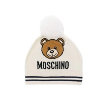 MOSCHINO CAPPELLO UNISEX WHITE CON POM POM E LOGO LETTERING CON TEDDY BEAR