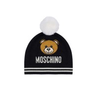 MOSCHINO CAPPELLO UNISEX BLACK CON POM POM WHITE E LOGO LETTERING WHITE CON TEDDY BEAR