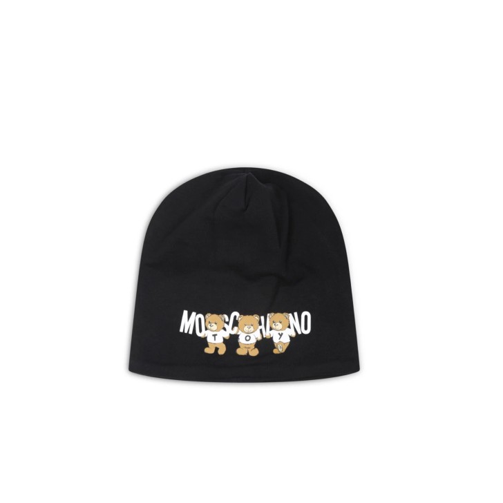 MOSCHINO CAPPELLO BLACK UNISEX IN COTONE CON LOGO LETTERIN WHITE E TEDDY BEAR