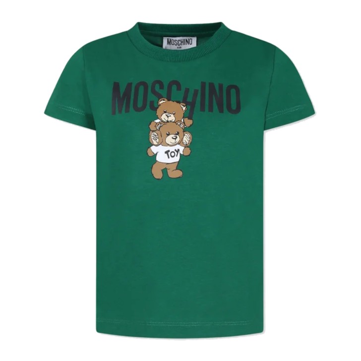 MOSCHINO T-SHIRT IN COTONE A MANICA CORTA GREEN CON LOGO LETTERING BLACK E TEDDY BEAR	